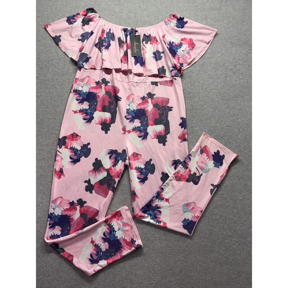 Amzplus Pink Floral Off Shoulder Ruffle Jumpsuit Plus Size 4XL New